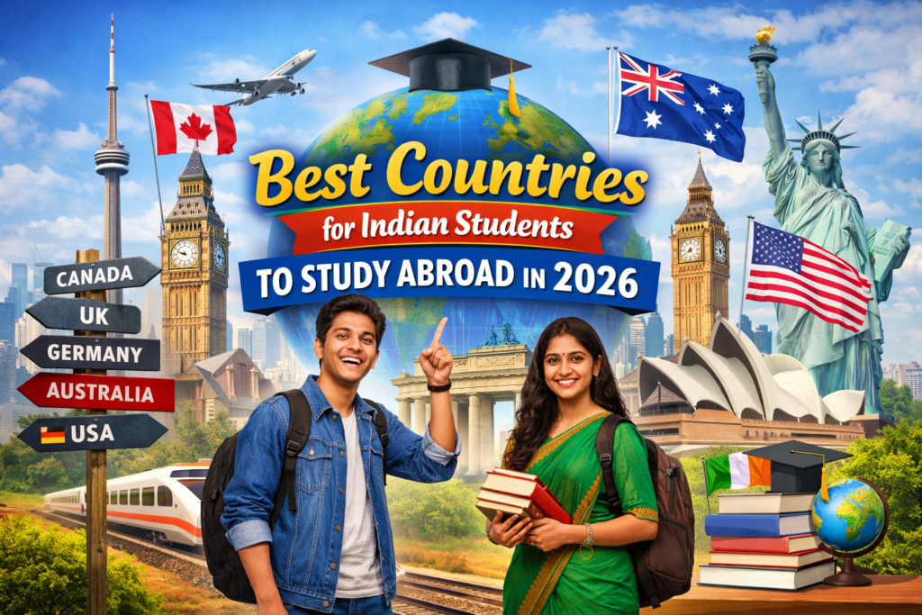 Best countries for Indian students to study abroad in 2026 featuring students with global landmarks like Canada, UK, USA, Germany, and Australia