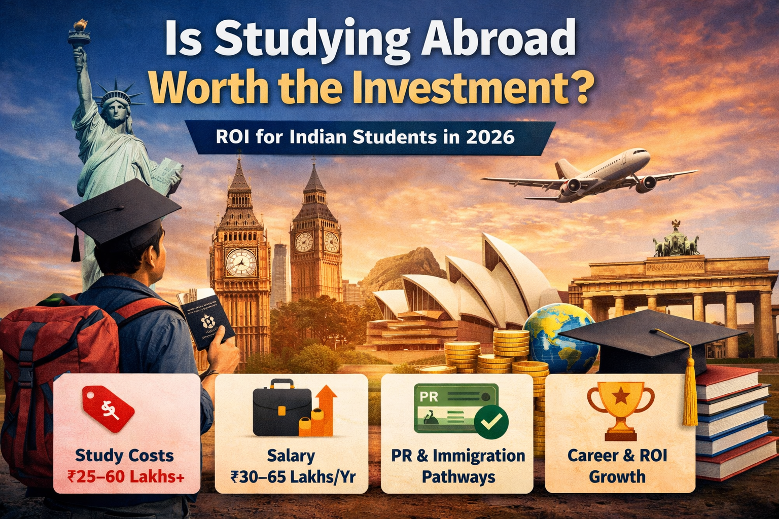 Indian student evaluating study abroad ROI with global landmarks, highlighting costs, salary potential, PR pathways, and career growth in 2026.