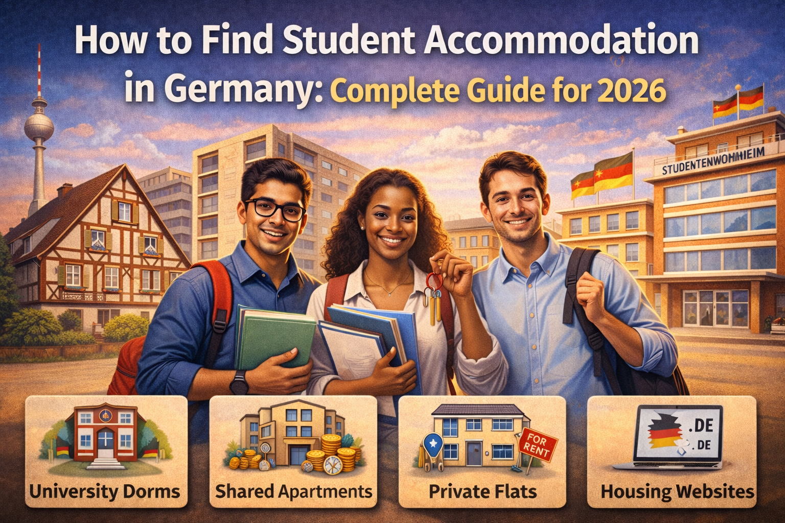 Student accommodation in Germany illustration showing international students near university dorms, shared apartments (WG), private flats, and housing websites for 2026.