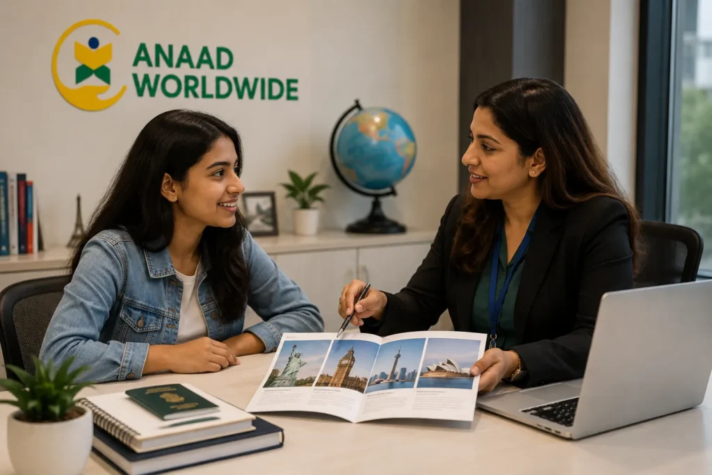 Indian student discussing international university options with an ANAAD Worldwide study abroad counsellor